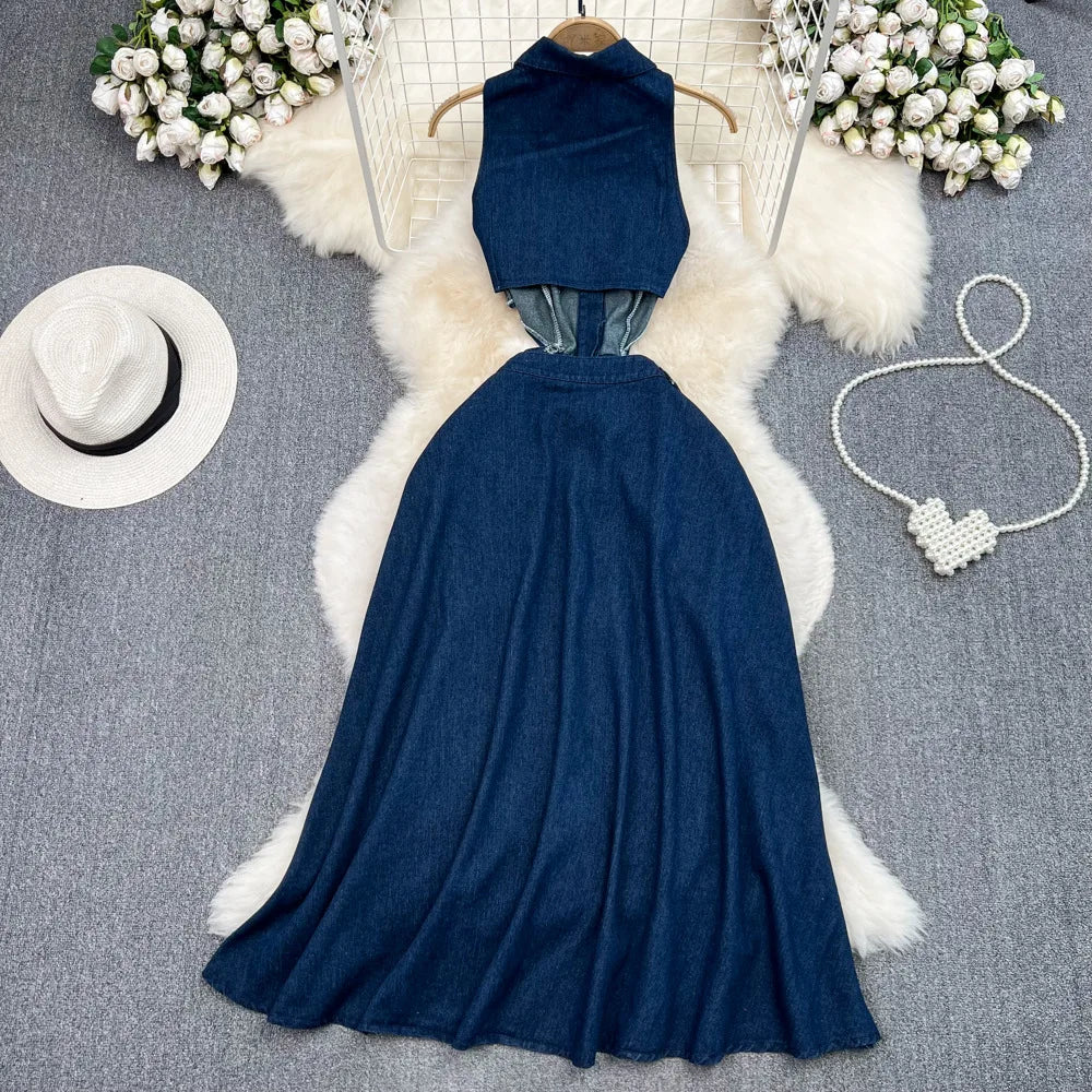 FZ Women's High Waist A Line Turn Down Collar Sleeveless Streetwear Denim Dress