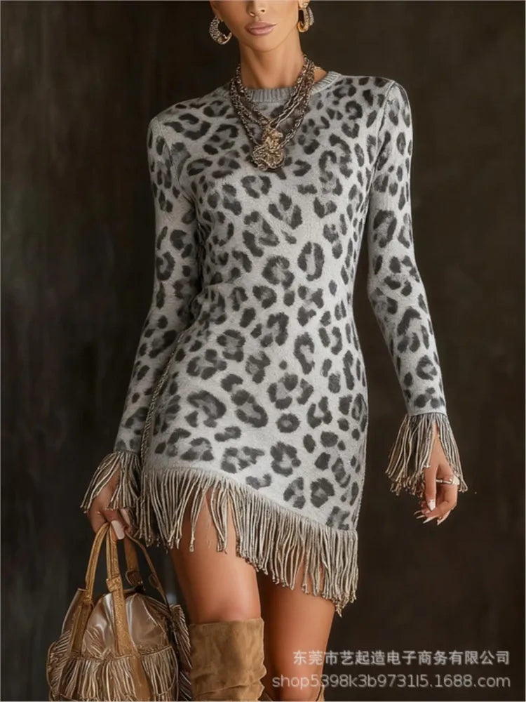 FZ Women's Retro Print Tassel Slim Fit O Neck  Mini Knitted Sweater Dress