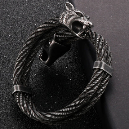 FZ Retro Elastic Wolf Head Open Cuff Twist Chain Stainless Steel Bracelet - FZwear