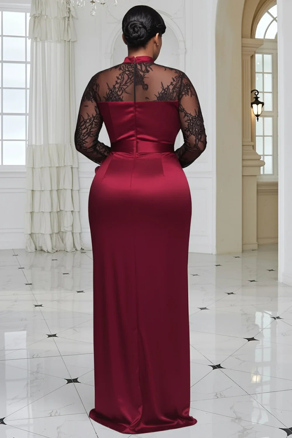 FZ Women's Plus Size Mock Neck Long Sleeve 3D Elegant Split Satin Lace Maxi Dress