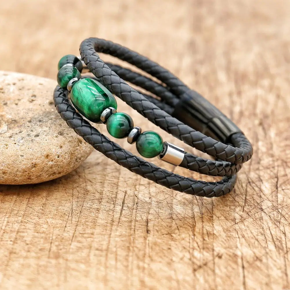 FZ Natural Stone Leather Stainless Steel Leather Green Tiger Eye Bracelet - FZwear