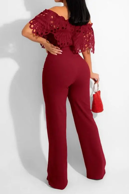 FZ Women's Frill Hem Lace Patch Hollow-Out Off The Shoulder Jumpsuit - FZwear