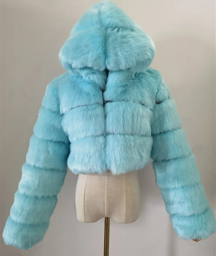 FZ Women's Faux Fur Thick Warm Hooded Open Stitch Short Coat Jacket