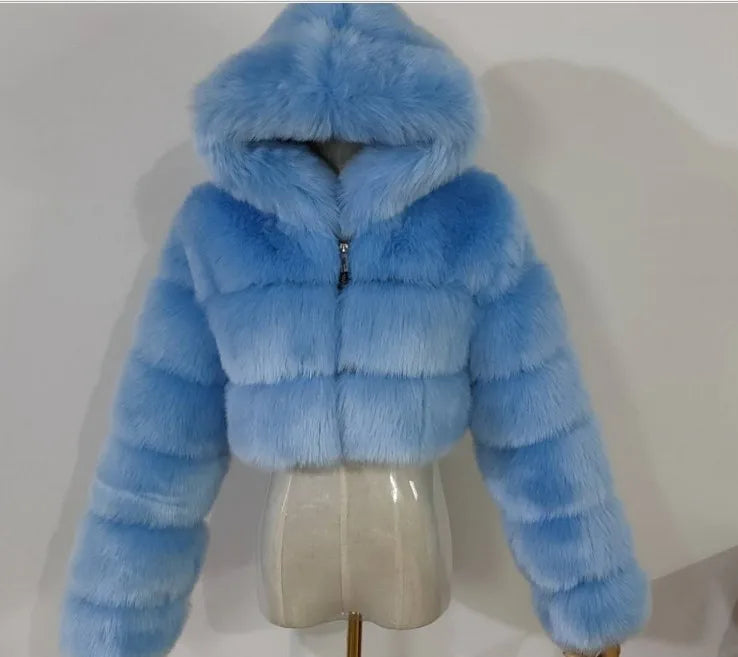FZ Women's Faux Fur Thick Warm Hooded Open Stitch Short Coat Jacket