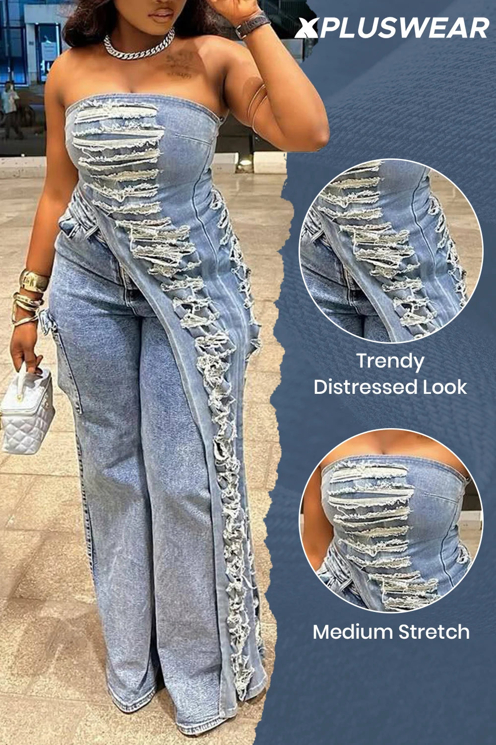 FZ Women's Plus Size Asymmetric Hem Distressed Two Piece Denim Pant Suit