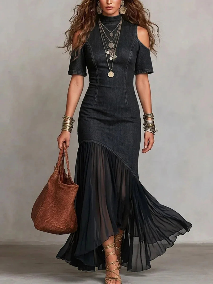 FZ Women's Mock Neck Splicing Chiffon Pleated Off-shoulder Vintage Denim Dress