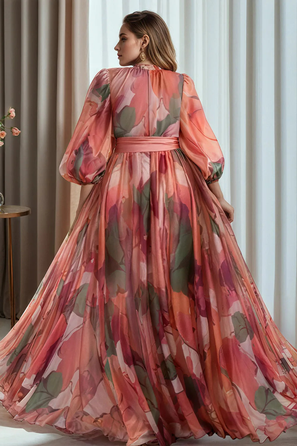 FZ Women's Plus Size Multicolor Floral Lantern Sleeve Pleated Chiffon Maxi Dress