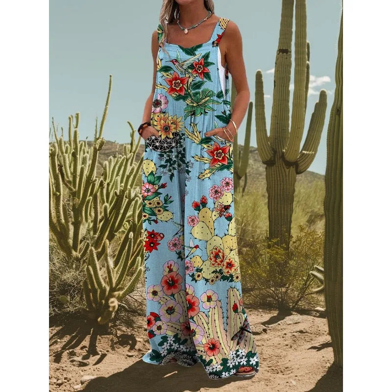 FZ Women's Vintage Flower Daisy Print Casual Strap Wide Leg Jumpsuit - 4 - FZwear