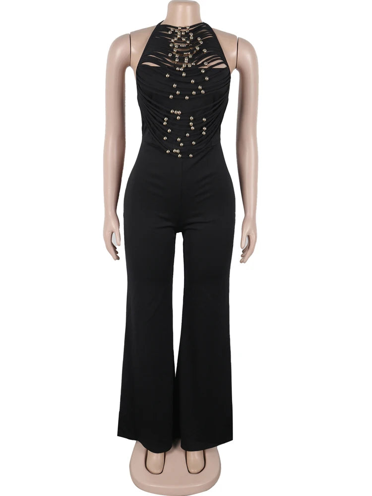 FZ Women's Beaded Fringed Palazzo Backless Fitted Wide Legs Jumpsuit