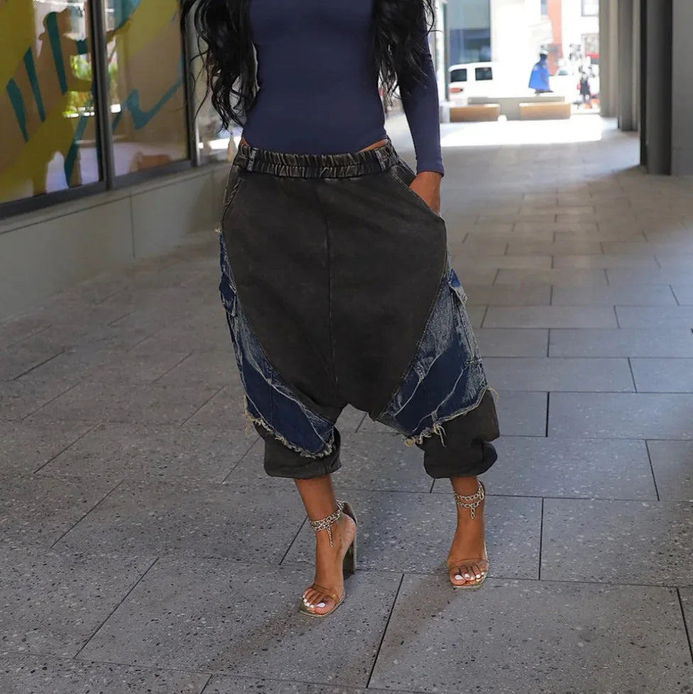 FZ Women's Loose Harem Elastic Waist and Tassel Design Denim Pants