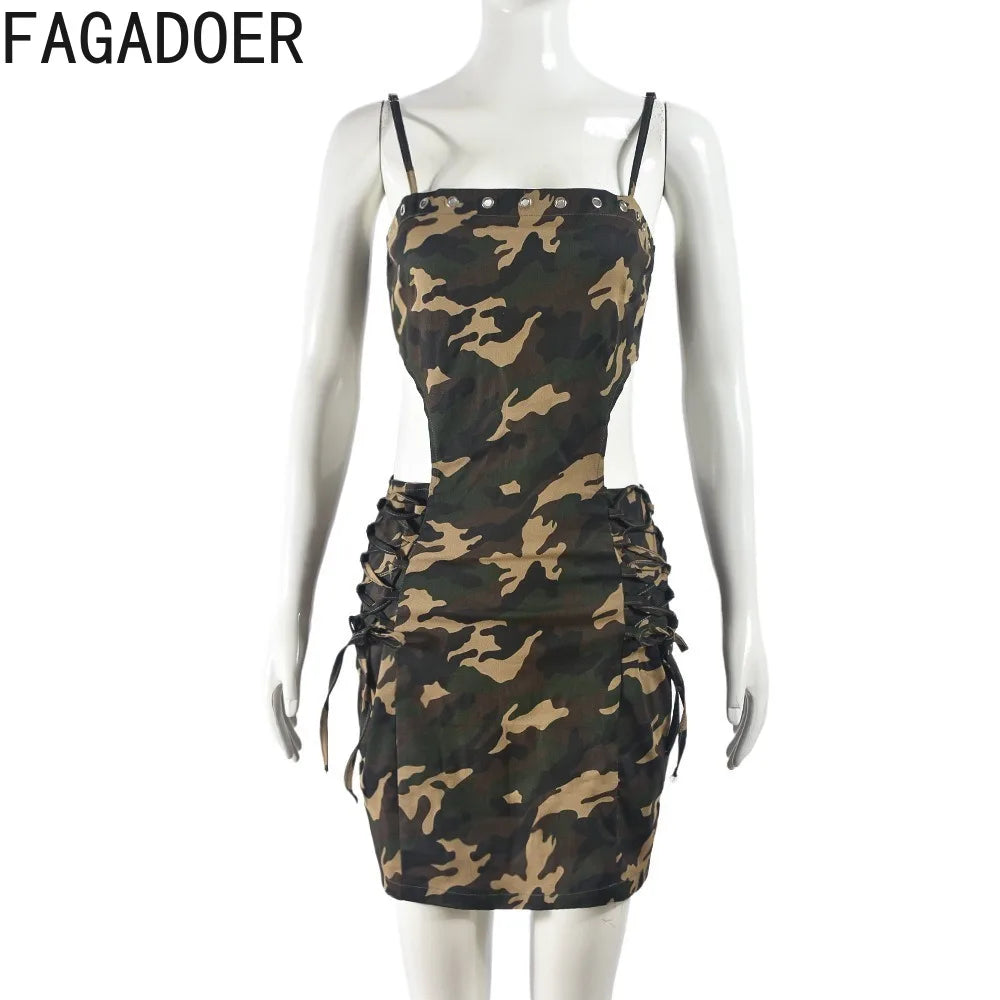 FZ Women's Camouflage Printing Hollow Bandage Suspenders Cargo Dress DSers