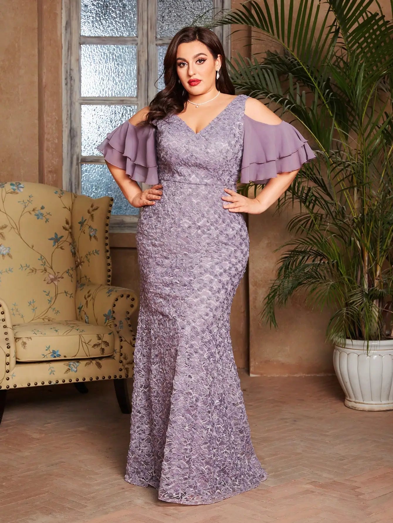 FZ Women's Plus Size lace patchwork Off-The-Shoulder Sleeve Fishtail Evening Dress
