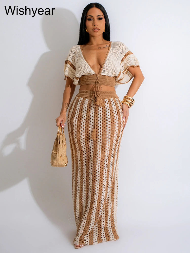 FZ Women's Elegant Knitted Crochet Swimsuit Black Stripe Two 2 Pieces Suit