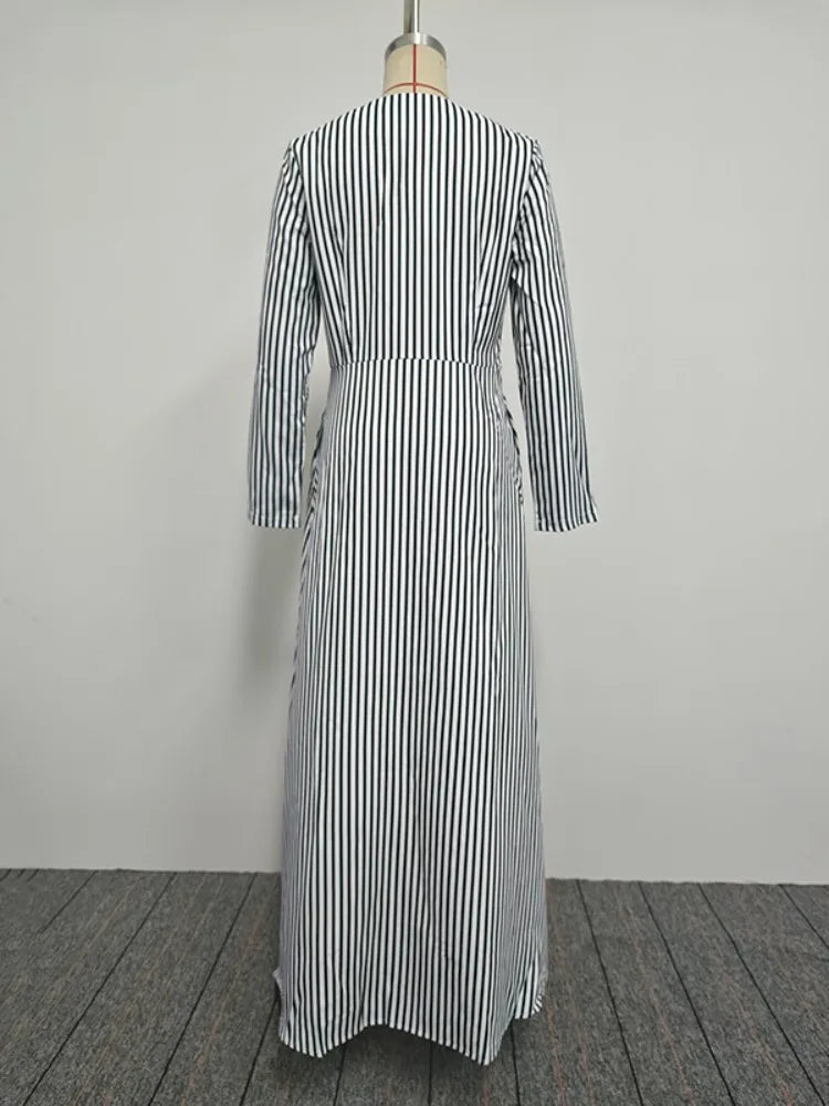 FZ Women's Striped  A-line V Neck Long Sleeve Printed Max Dress