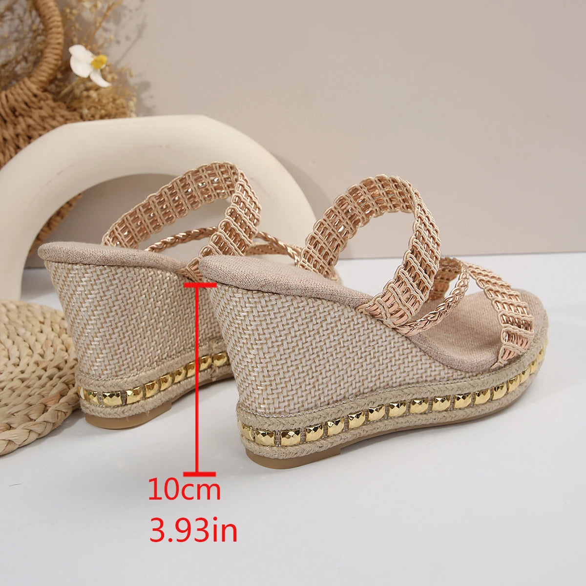 FZ Women's Gold Weaving Wedge Rivet Decoration Chunky Platform Sandals