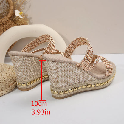 FZ Women's Gold Weaving Wedge Rivet Decoration Chunky Platform Sandals - FZwear