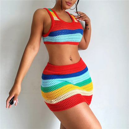 FZ Women's Rainbow Strip Mini Skirt Two Piece Knit Suit