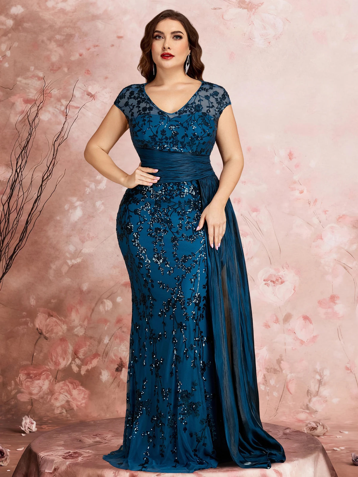 FZ Women's Plus Size Cap Sleeves Sequins Patchwork Evening Dress