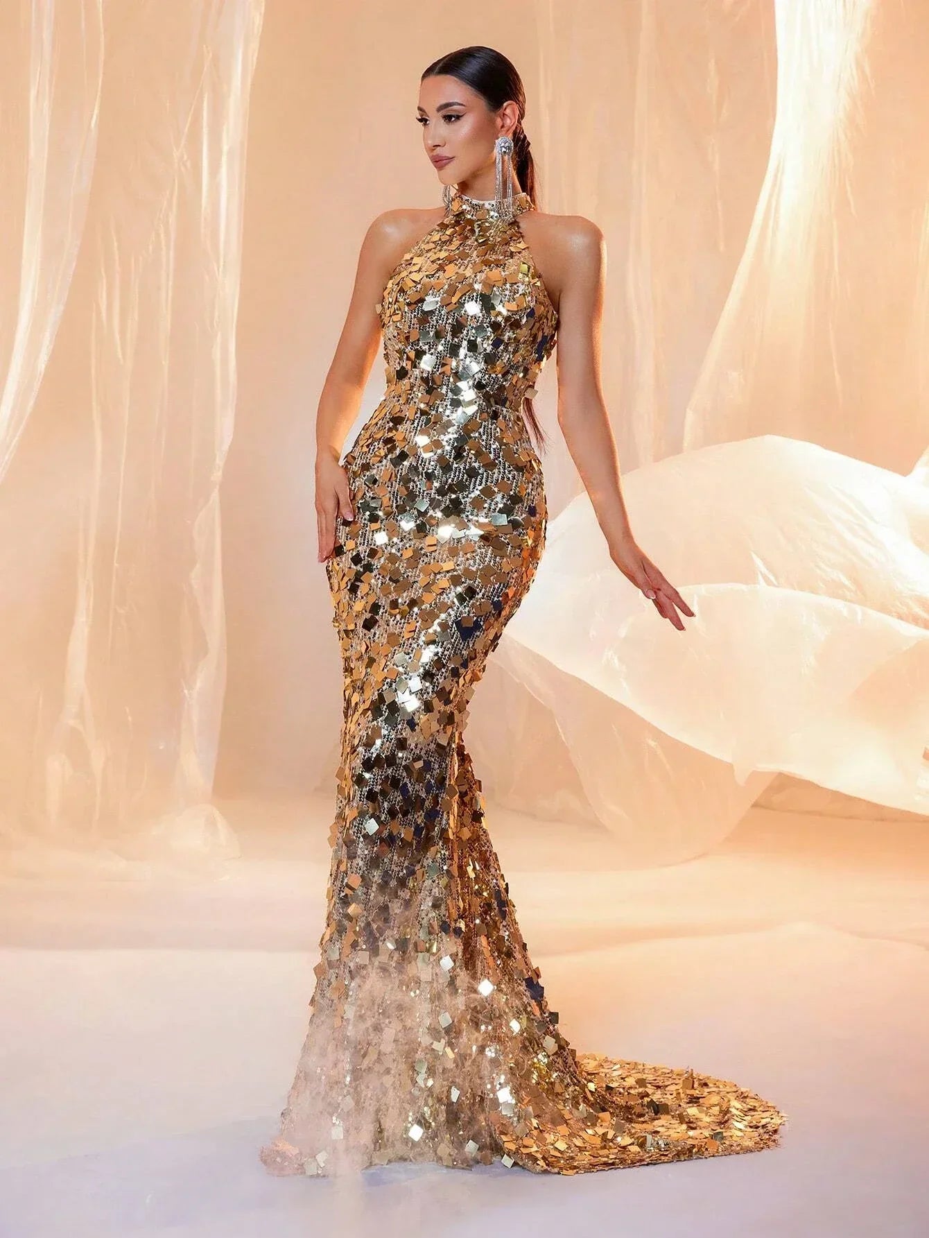 FZ Women's Halter Neck Sequin Backless Maxi Evening Dress