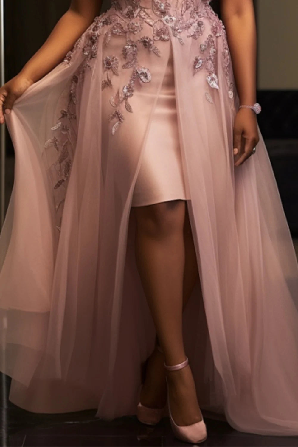 FZ Women's Plus Size V Neck Short Sleeve Split Embroidery Midi Evening Dress