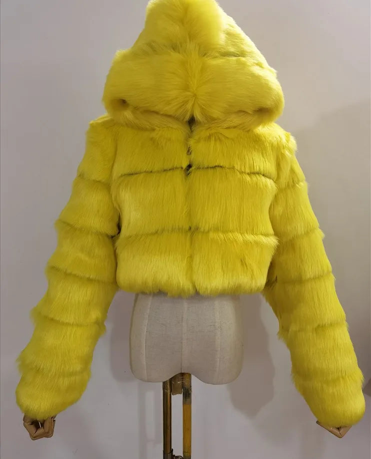 FZ Women's Faux Fur Thick Warm Hooded Open Stitch Short Coat Jacket