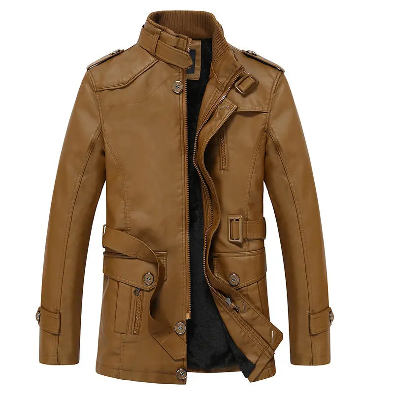 FZ Mens Long Windproof Solid Color Slim PU Leather Jacket
