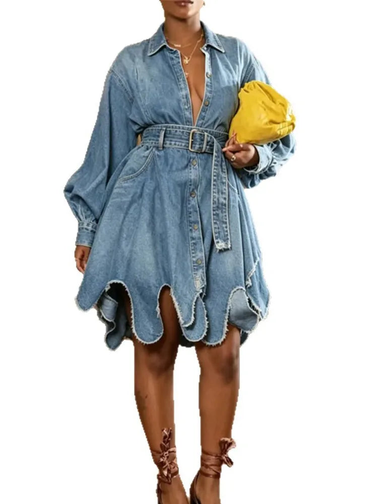 FZ Women's Lapel Long Sleeve Belted Waist Ruffle Hem Mini Denim Dress