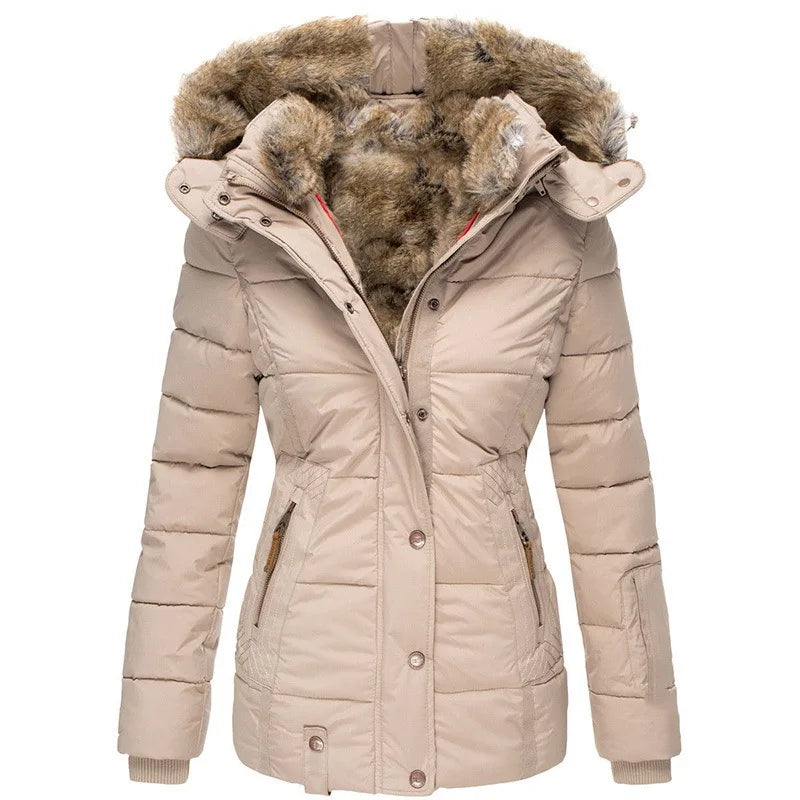 FZ Women's Faux Fur Lining Cotton Puff Slim Fit Long Sleeves Thicken Jacket