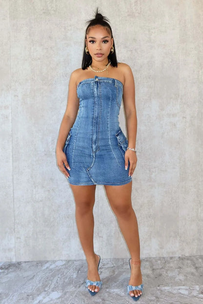 FZ Women's Sexy Off Shoulder Backless Denim Tube Dress