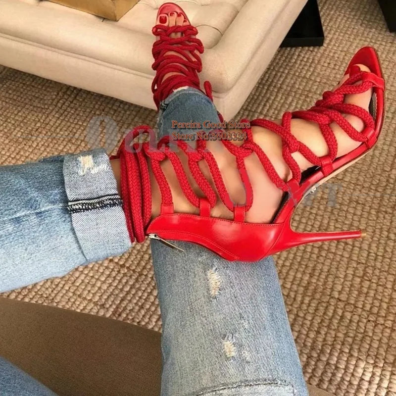 FZ Women's Cross Strap Lace-up Open Toe Back Zipper Cage Shoes - FZwear