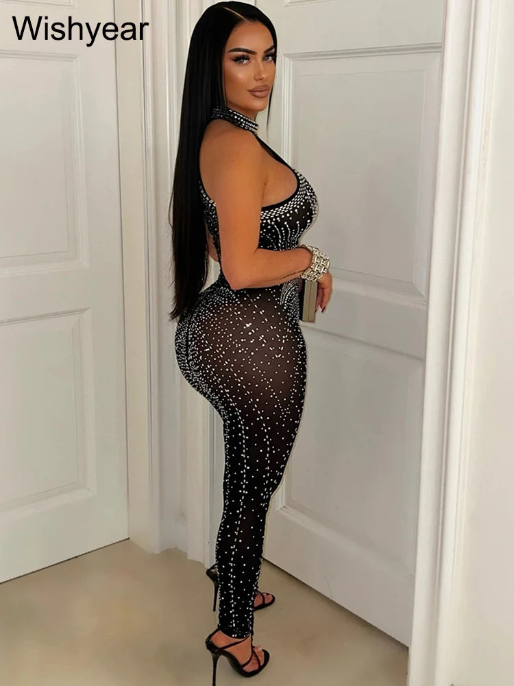 FZ Women's Sleeveless Mesh See Through Rhinestone Jumpsuit
