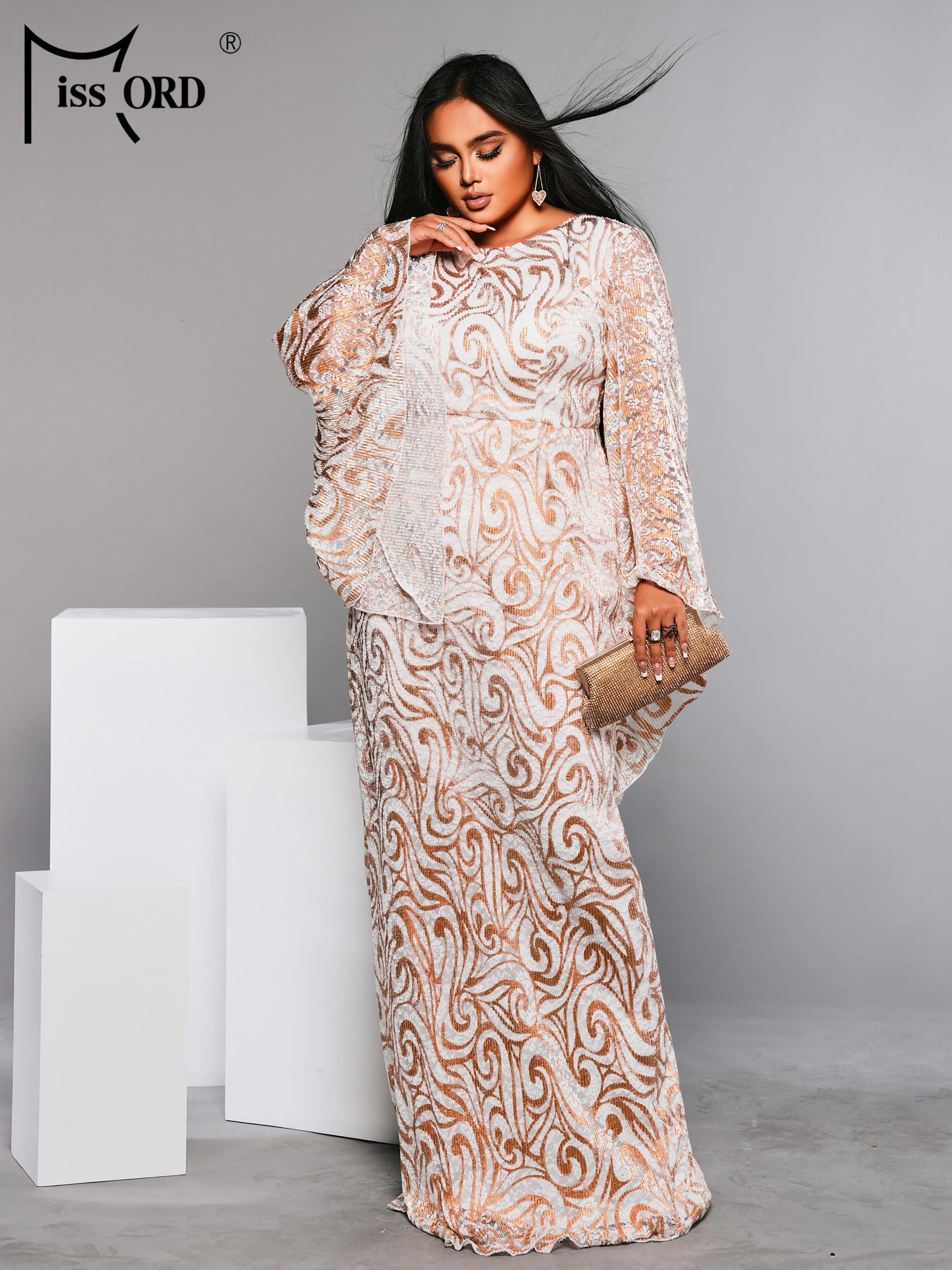 FZ Women's Plus Size Round Neck Flare Sleeve Geometric Sequin Evening Dress