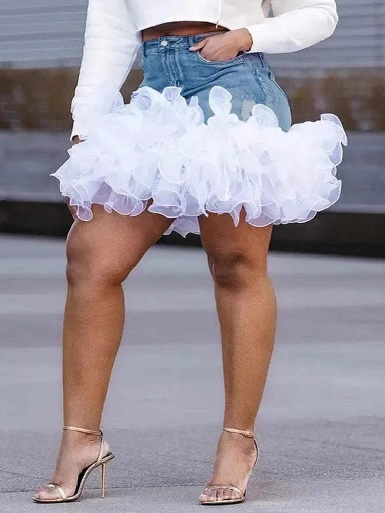 FZ Women's Ruffle Edge Cake Skirt Mini High-Waisted Denim Skirt