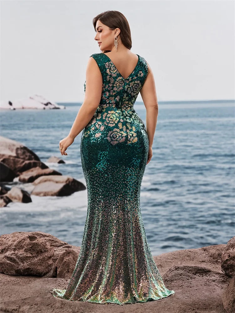 FZ Women's Plus Size V-Neck Mermaid Cocktail Sequins Evening Dress