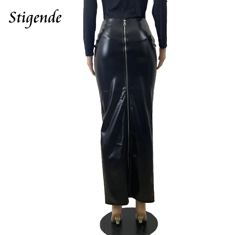 FZ Women's Sexy Pu Leather High Split Black Slim Fit Maxi Skirt DSers