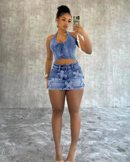 FZ Women's Embroidery Sexy Bandage Hollow Backless Denim Mini Two 2 Piece Skirt Suit - FZwear