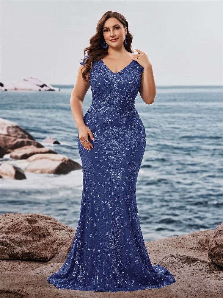 FZ Women's Plus Size V-neck Sequins Floor Length Evening Dress