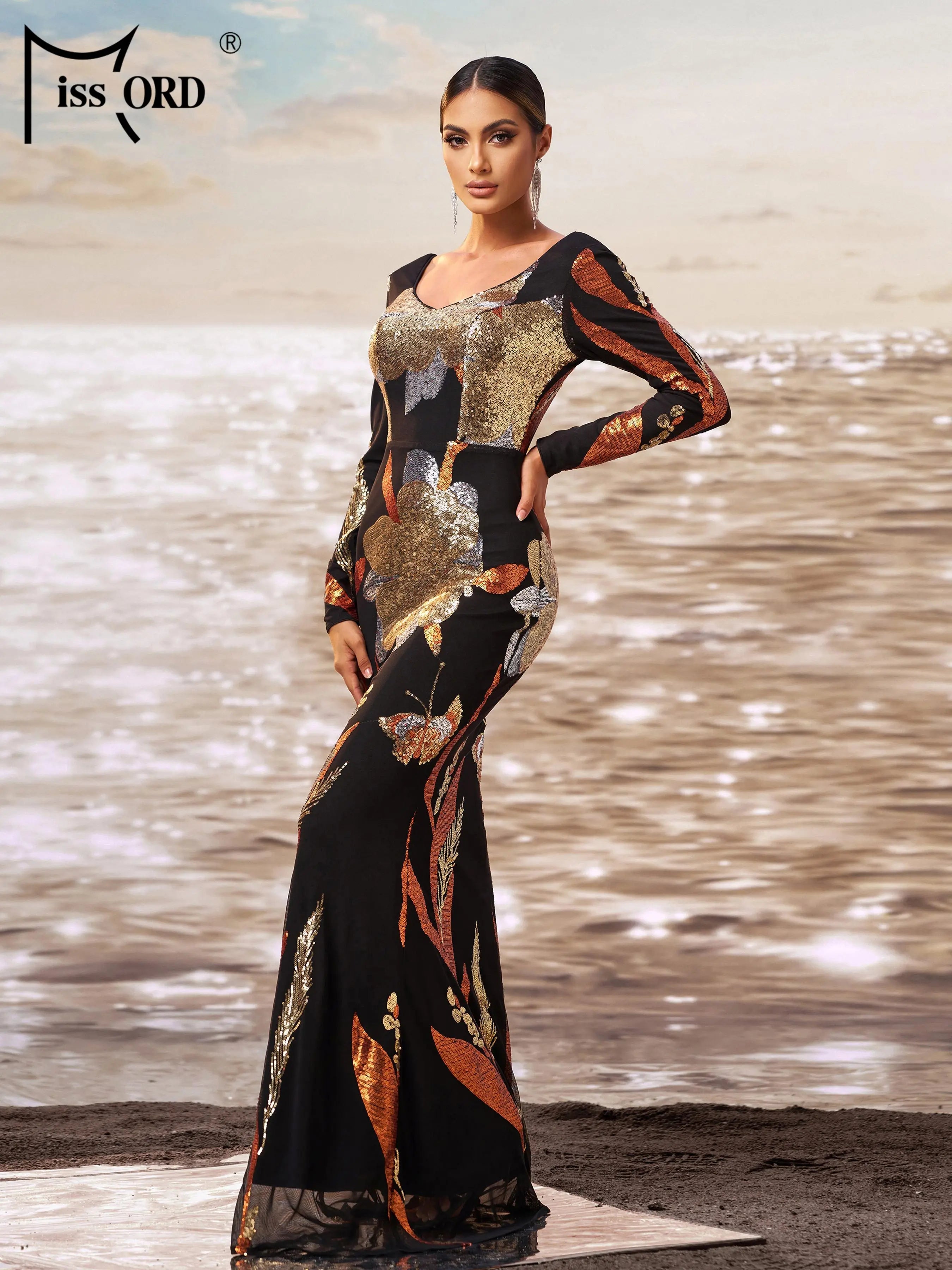 FZ Wokmen's Floral Long Sleeved Sequin Mermaid Evening Dress