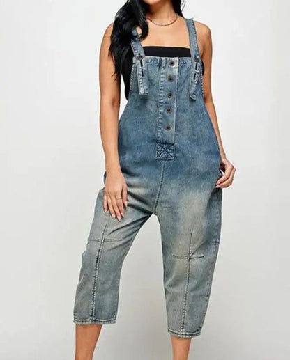 FZ Women's Elegant Sleeveless Pocket Design Buttoned Suspender Denim Jumpsuit - FZwear