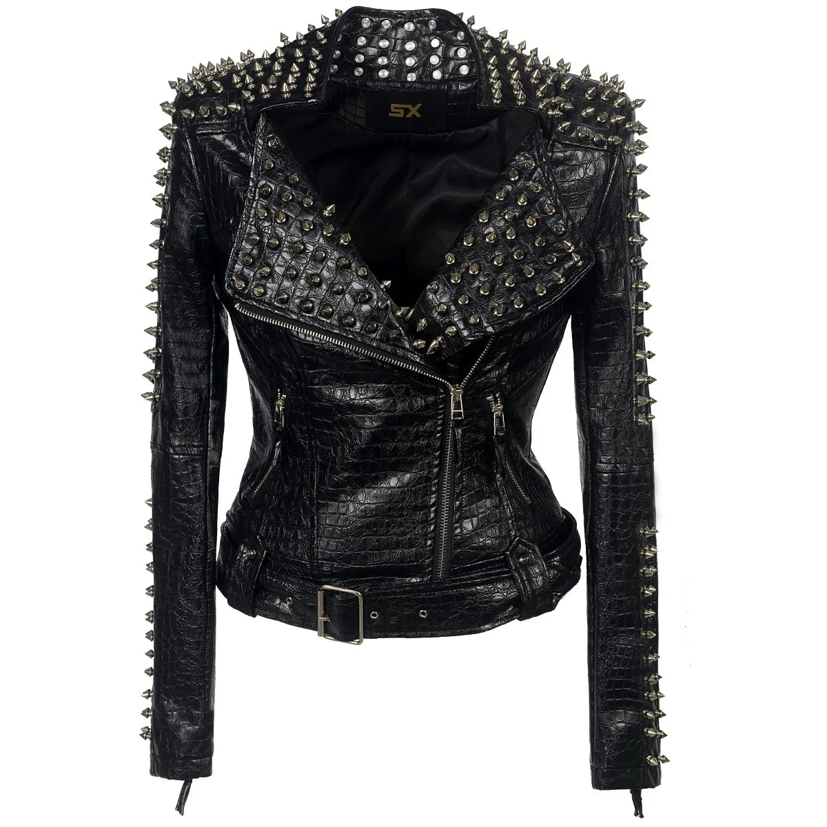 FZ Women's Steampunk Rock Rivet Slim Gothic Embroidery PU Leather Jacket - FZwear