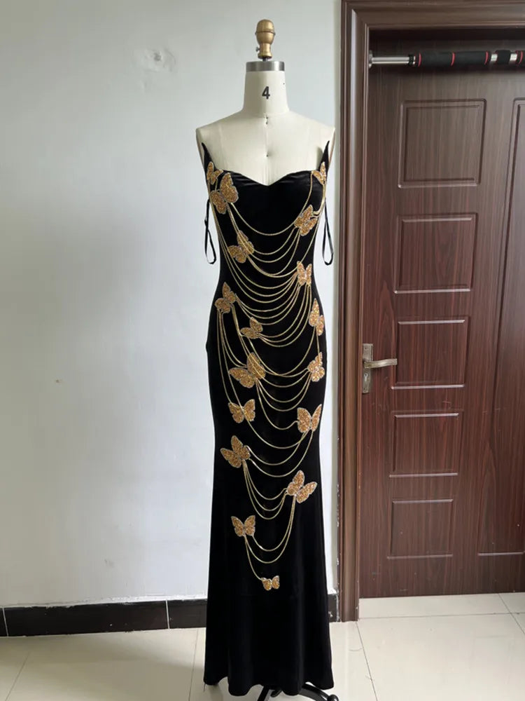 FZ Women's Sexy Off the Shoulder Bow Diamond Chain Velvet Elegant Evening Dress - FZwear