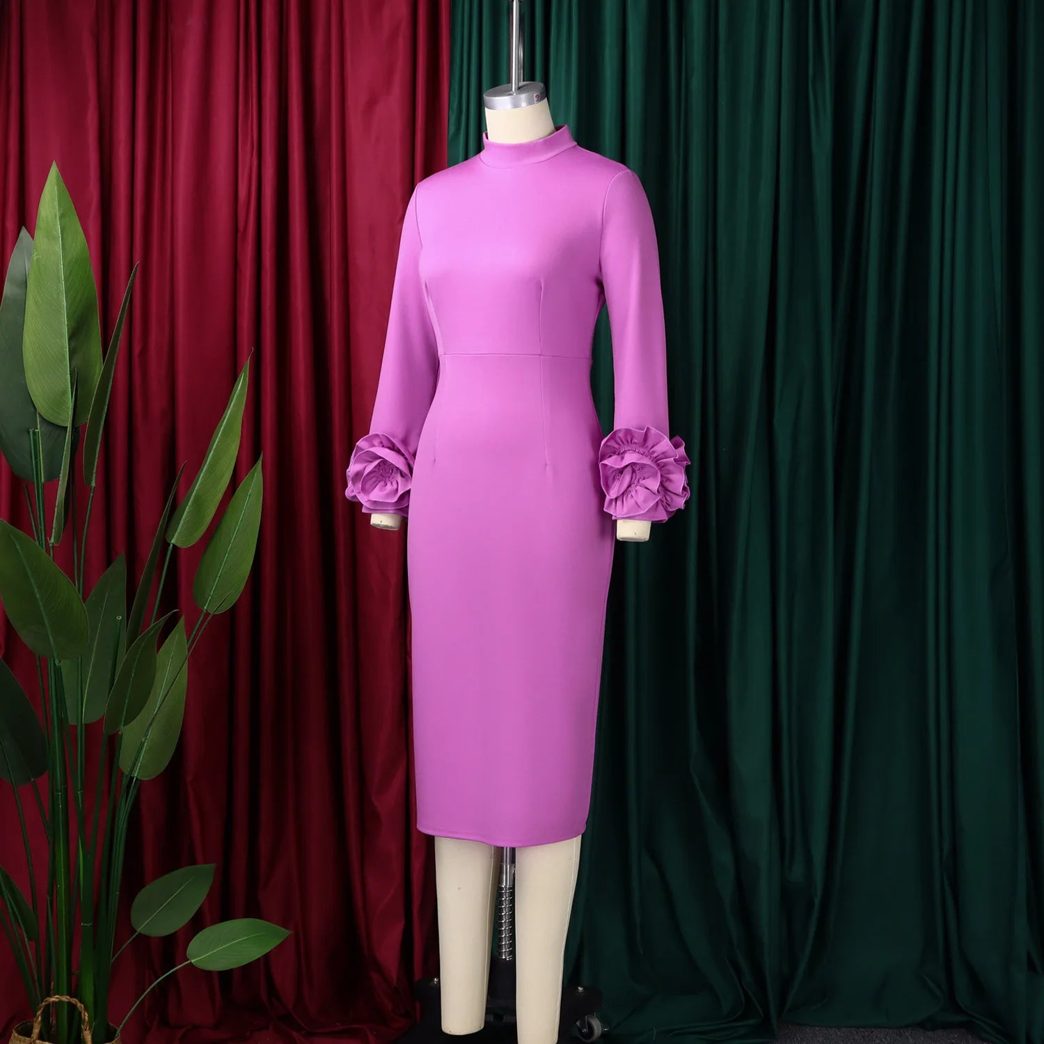 FZ Women's 3D Flower Long Sleeve Half High Collar Dress