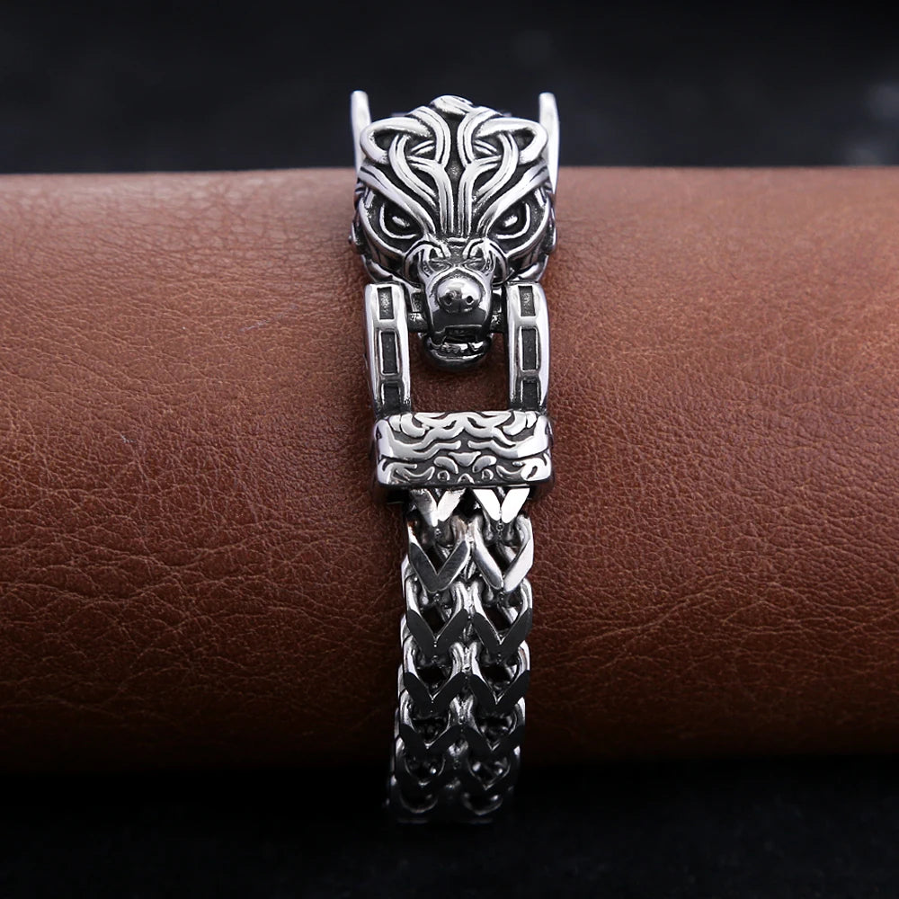 FZ Vintage Viking  Stainless Steel Cool Biker Wolf Head Bracelet