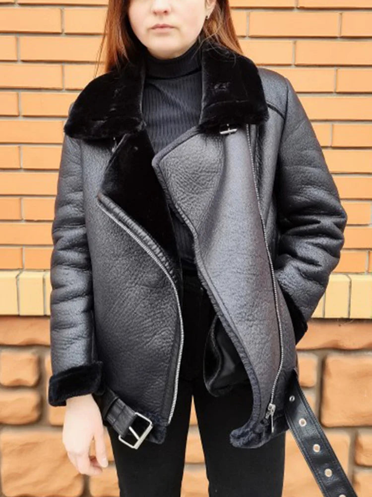 FZ Women's Streetwear Faux Leather Fur Sheepskin Jacket