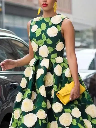 FZ Women's Flower Print Pleated Loose Sleeveless A-line Sundress