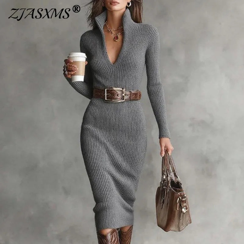 FZ Women's Solid Ribbed  Deep V Neck Hollow Sleeve Knitted Sweater Dress