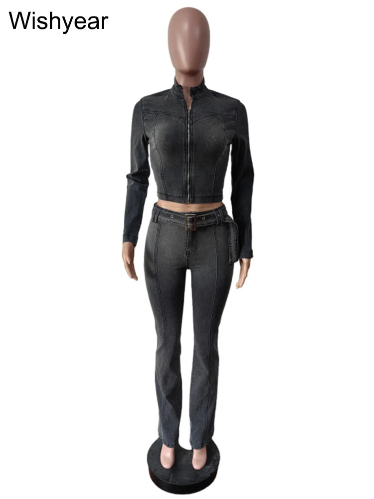 FZ Women's Vintage Gray Stretch Pencil  2-Piece Denim Pants Suit