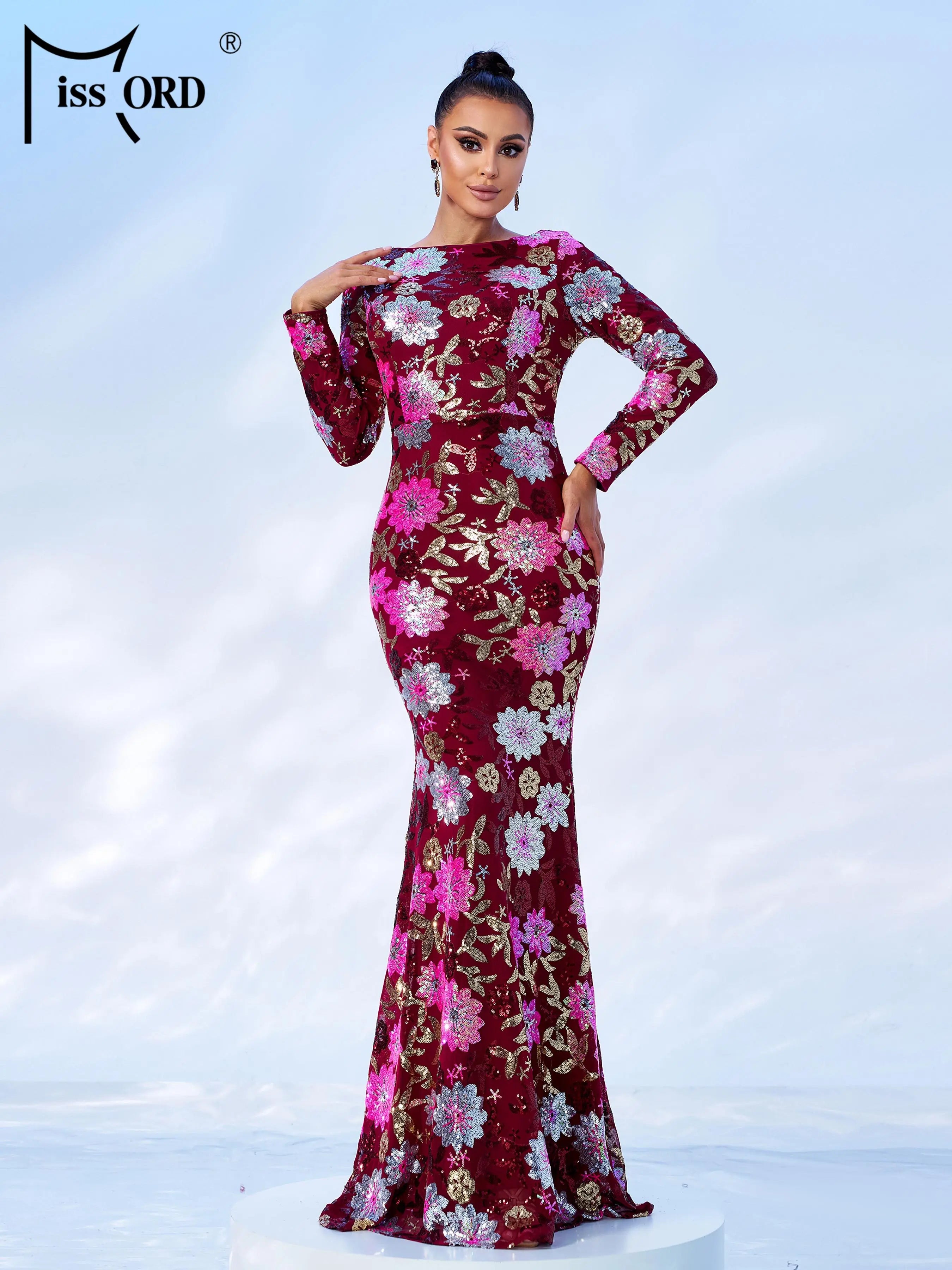 FZ Women's New Round Neck Floral Sequin Mermaid Cocktail Evening Dress