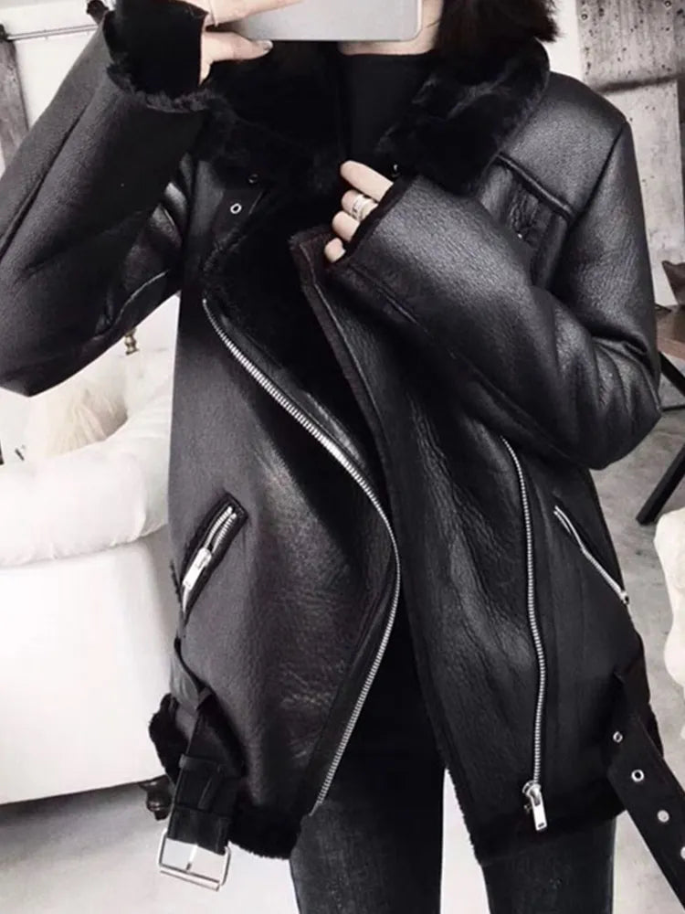FZ Women's Thick Faux Leather Fur Sheepskin Jacket