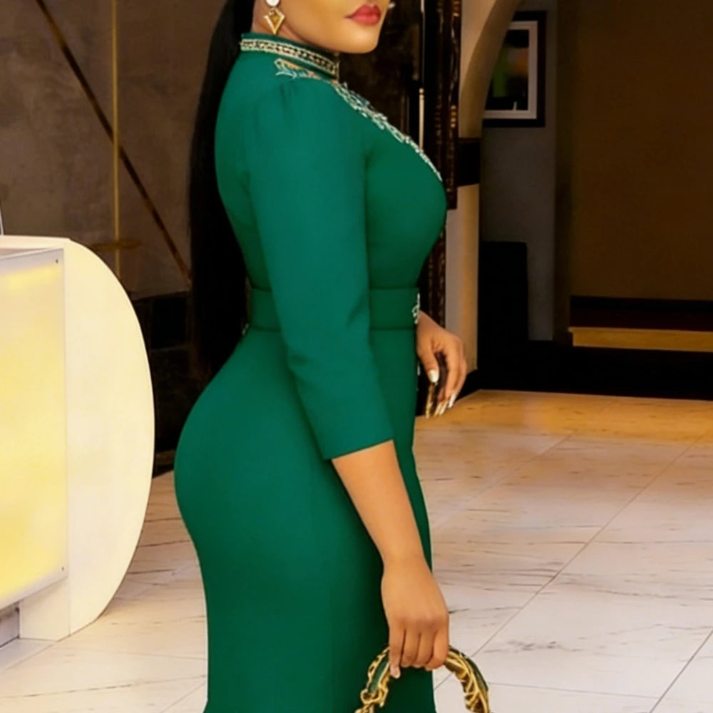 FZ Women's Mock Neck Lace Patchwork 3/4 Sleeves High Waist Dress